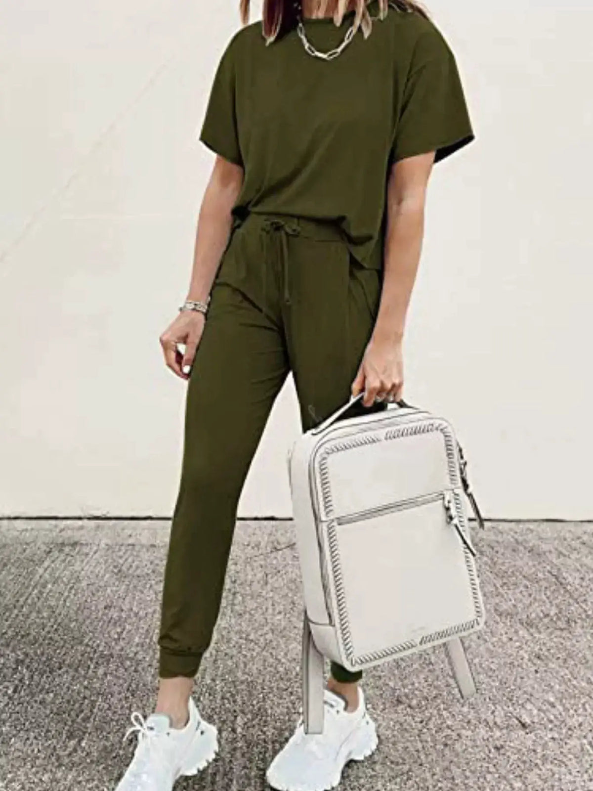 Plus-size olive green round-neck top and drawstring pants two-piece set by Trendsi