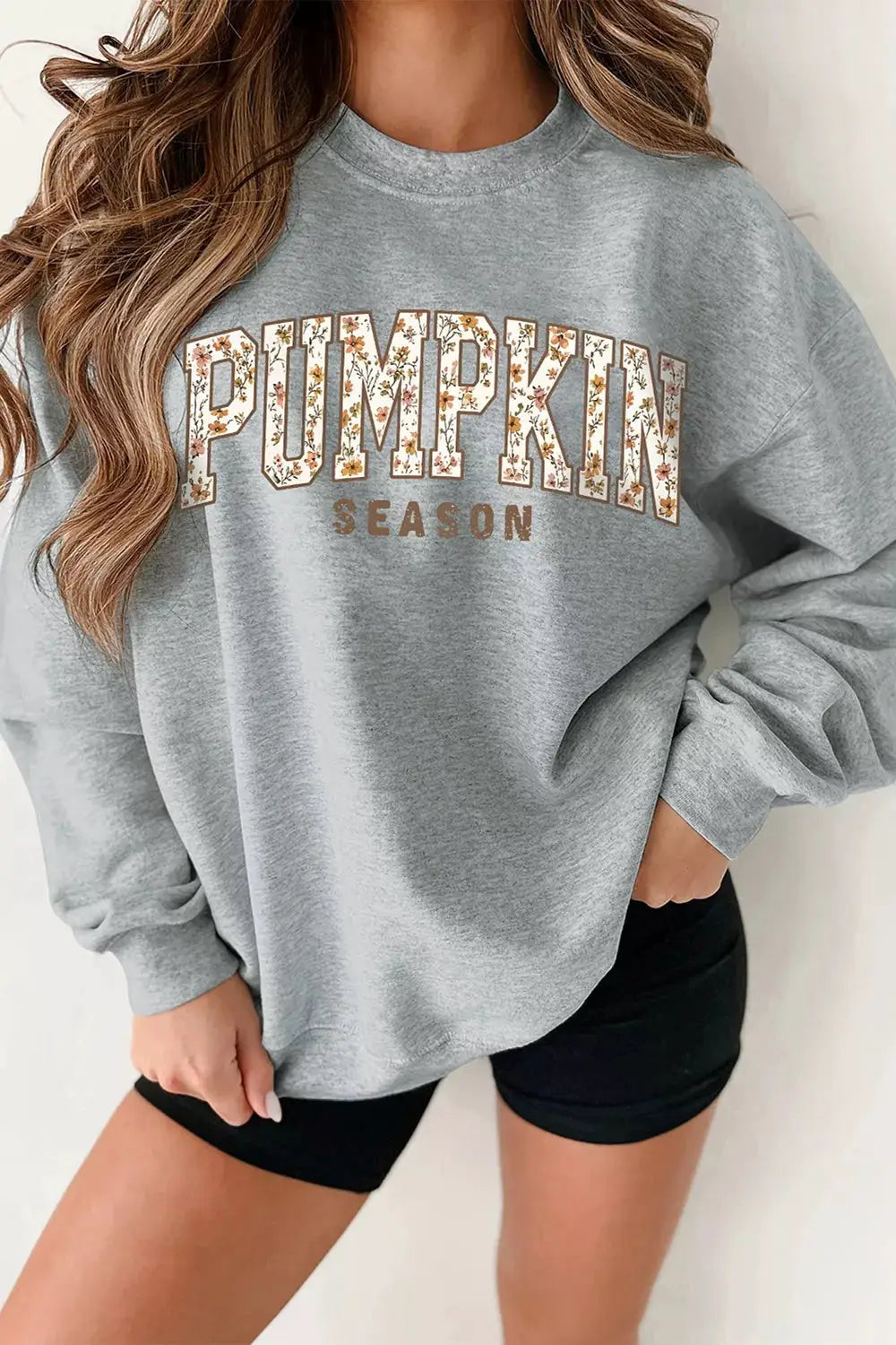 PUMPKIN SEASON oversized gray pullover sweatshirt with floral print lettering