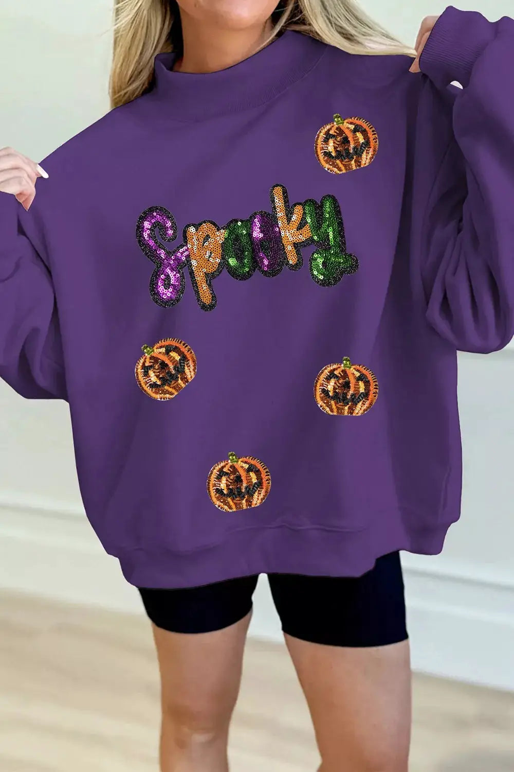 Sequin Pumpkin Spooky Halloween Sweatshirt, purple, with multicolor sequined text and scattered pumpkin motifs