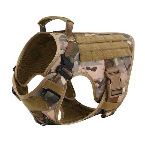Military tactical dog harness in woodland camouflage with MOLLE webbing and adjustable straps