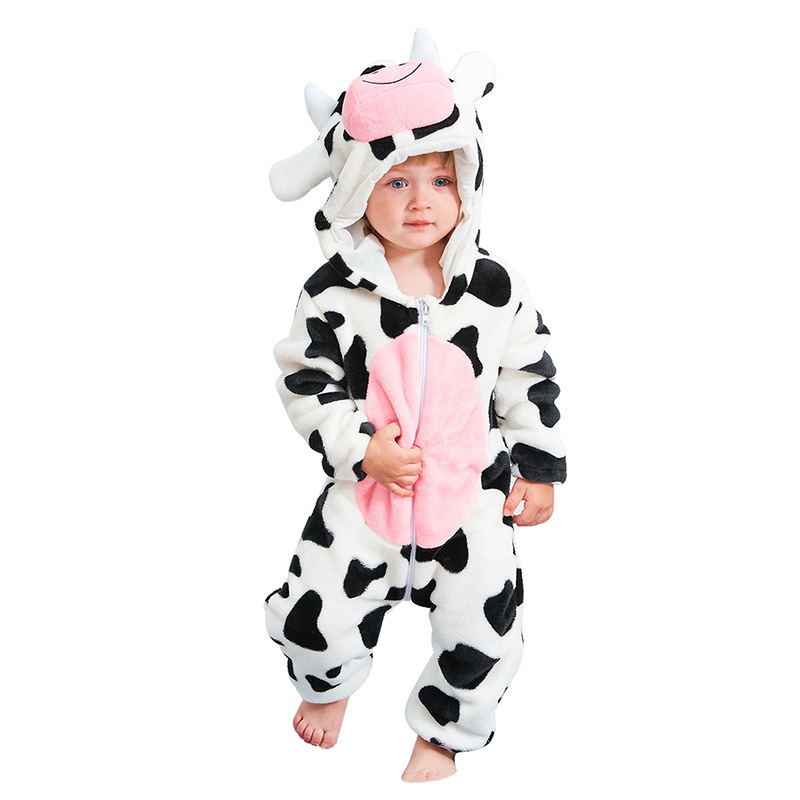 Baby animal jumpsuit by AdTec, cow-print fleece one-piece with pink belly and hood