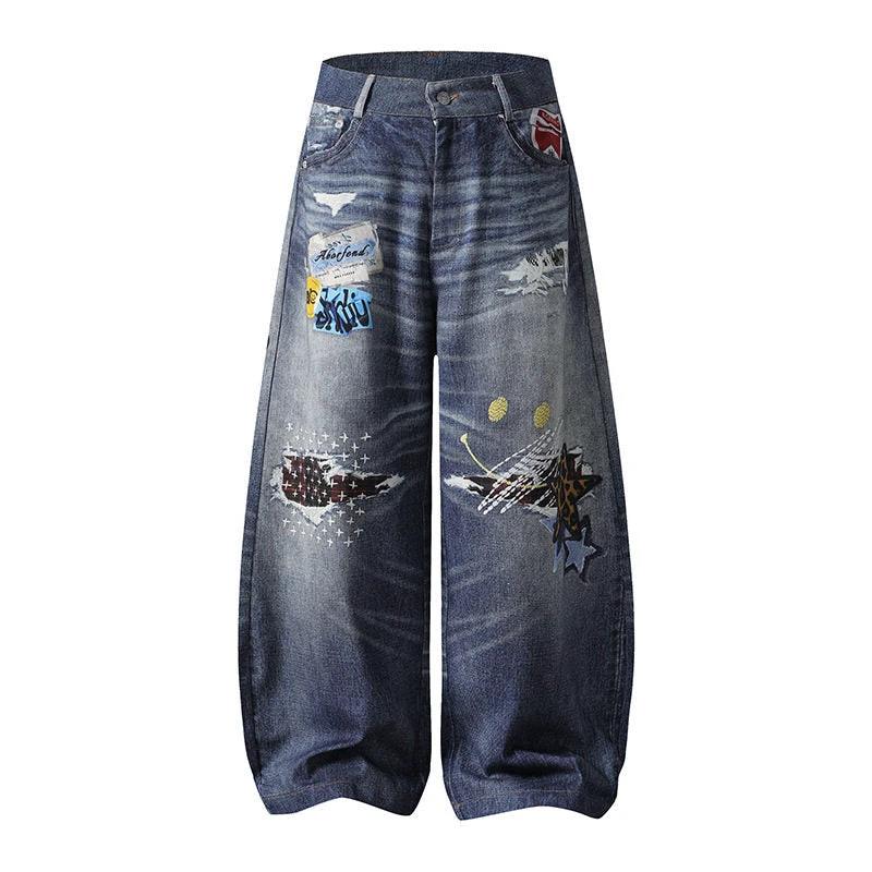 Embroidered Denim Pants Unisex Wide Leg Straight Leg Long Pants Trendy by eprolo