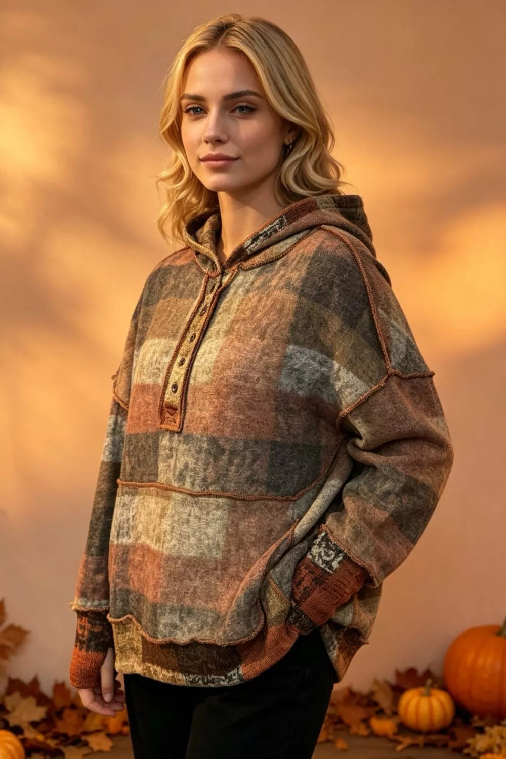 Trendsi Double Take plaid fleece hoodie, dropped-shoulder, plus size in brown/tan/gray tones