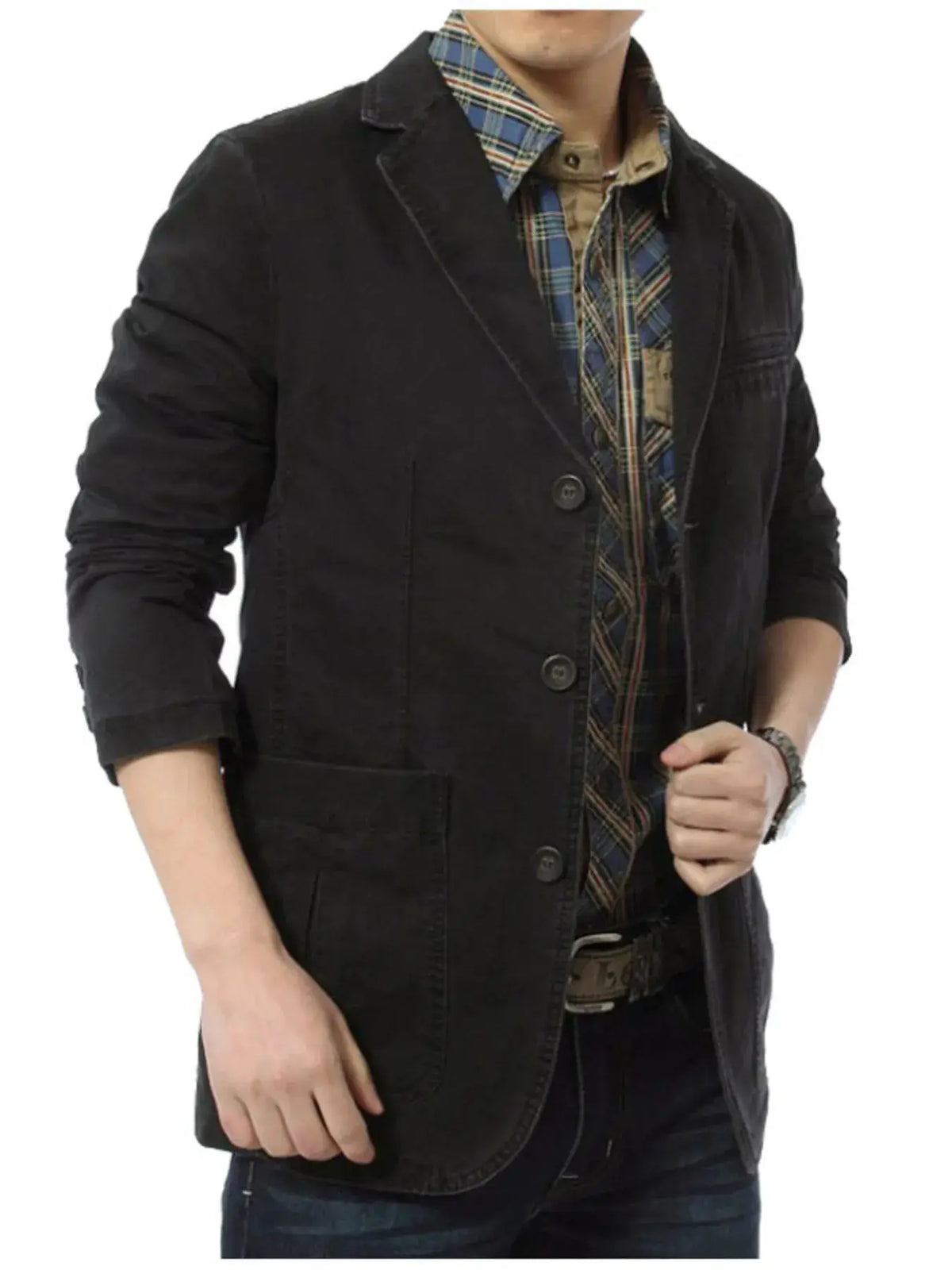 Men's plus-size lapel-collar blazer by Trendsi in black with front-button closure
