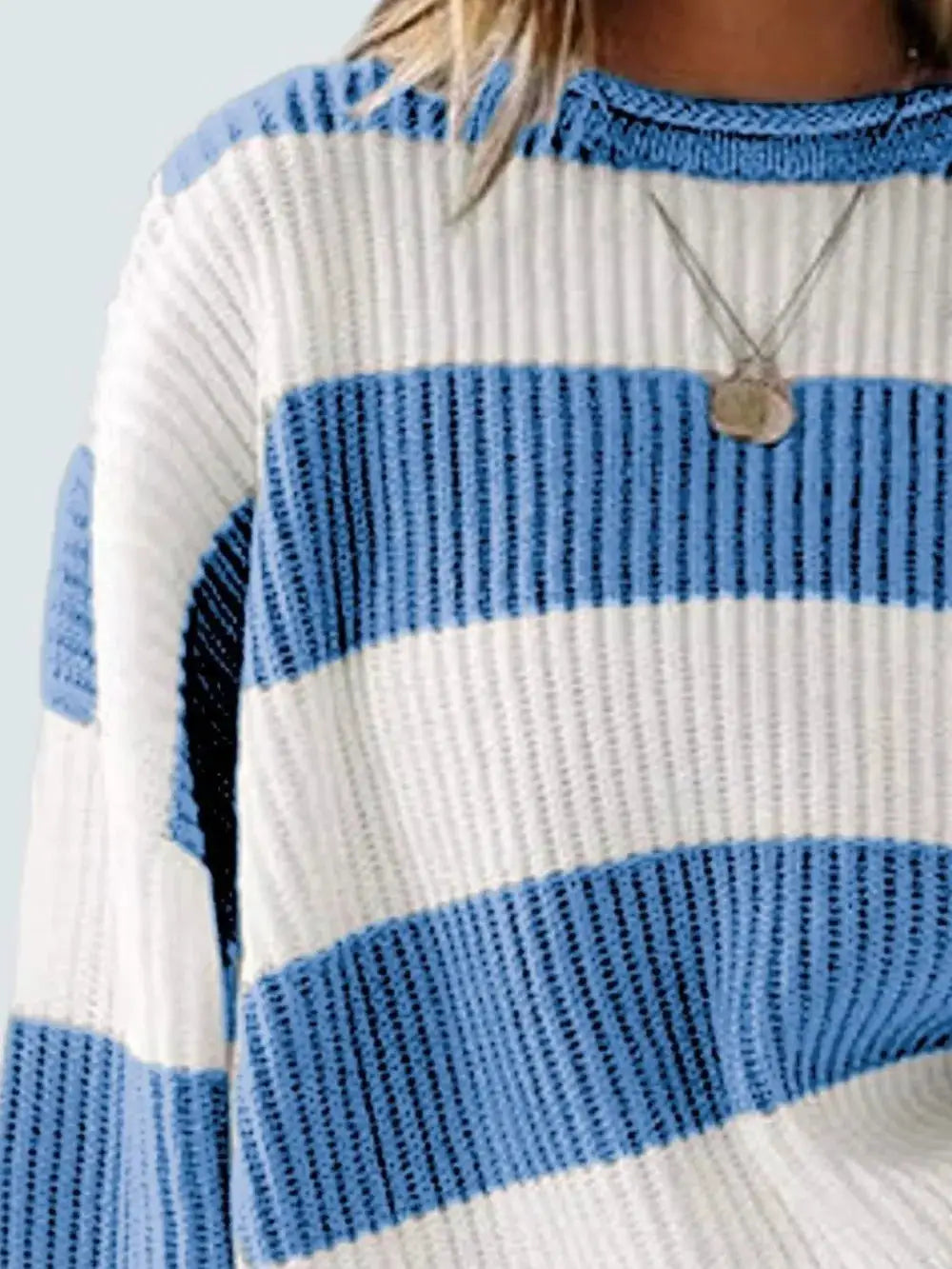 Essential Round-Neck Striped Knit Sweater in blue and white by Trendsi.