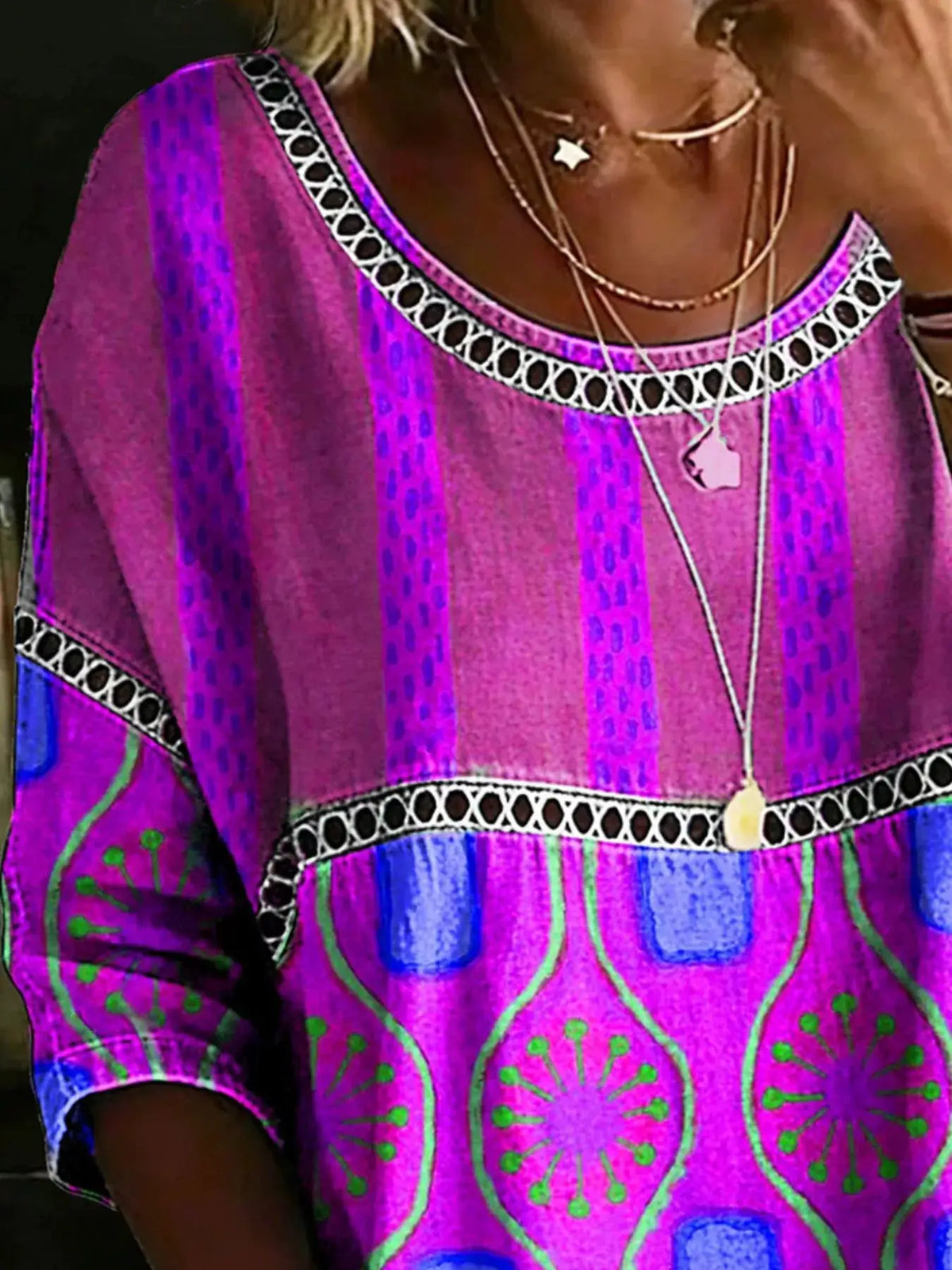 Full Size Hollow Out Round Neck Top Plus Size in vibrant purple with magenta accents and white lattice neckline trim