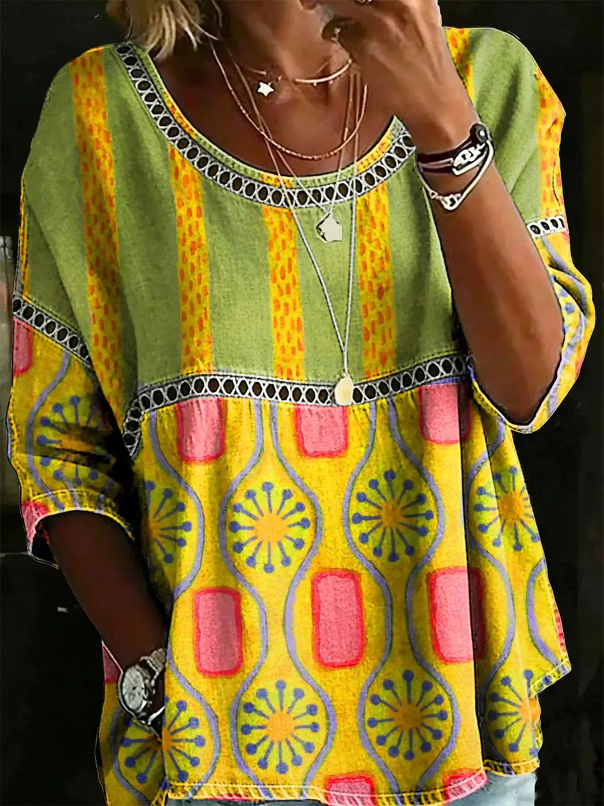 Full Size Hollow Out Round Neck Top Plus Size in lime green with yellow and pink boho print, Trendsi