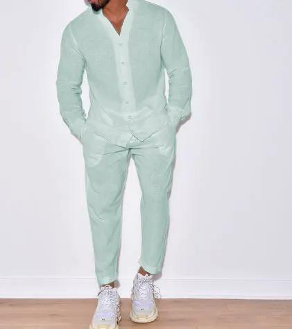 Men's Summer Linen Two-Piece Casual Outfit with Pants, mint green by AdTec