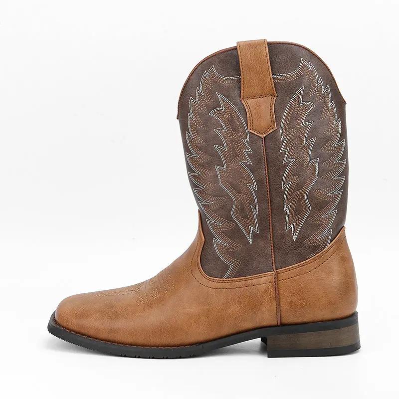 Maverick men’s mid-calf western boot by AdTec, wedge heel, brown leather upper with decorative stitched wing design