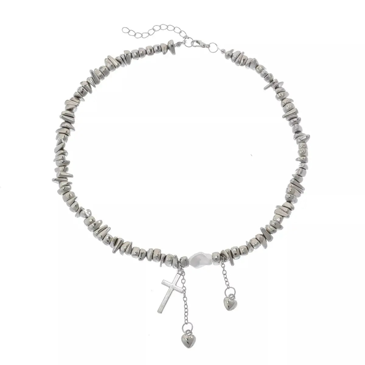 Chunky chain necklace by Trendsi in silver-tone with cross pendant and heart charms.