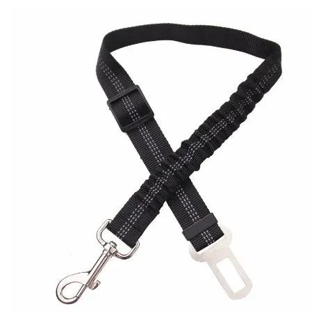 AdTec adjustable dog car seat belt with elastic reflective strap, black nylon and metal clip