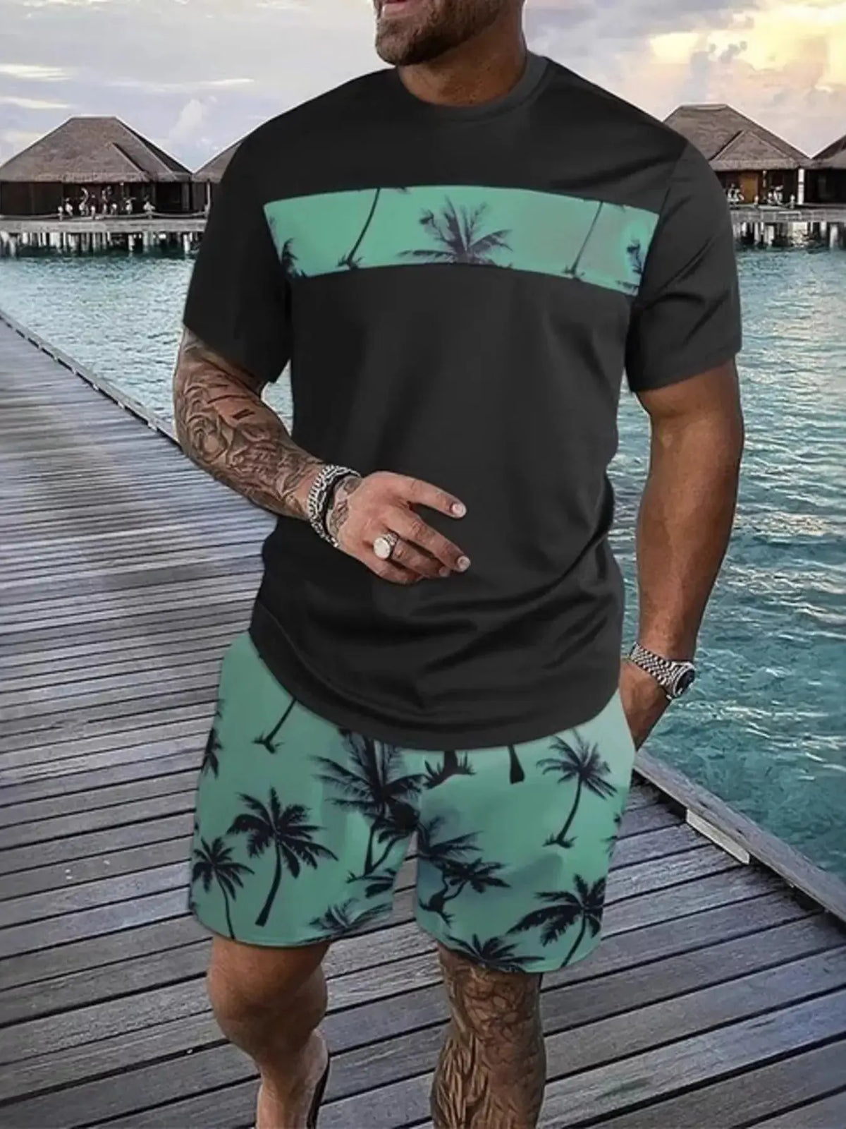 Mens tropical palm tree tee and shorts set in black with teal palm-print band by Trendsi; plus sizes available.