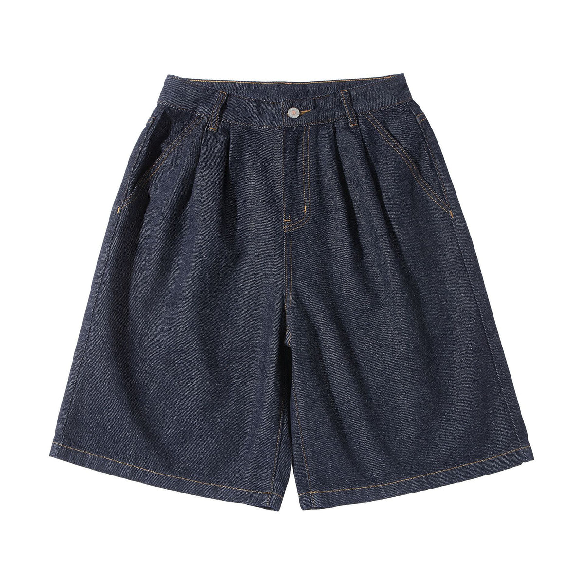 Denim shorts with pleated front in dark blue, orange stitching and belt loops