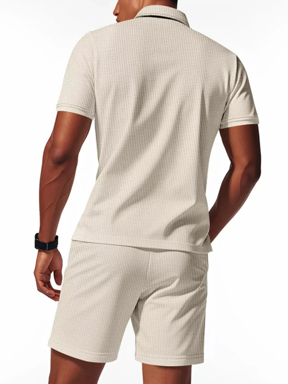 Men's beige short-sleeve polo and matching shorts set with pockets, textured fabric, plus size