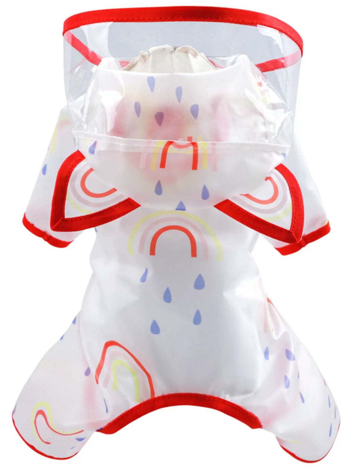 Lightweight waterproof pet raincoat in white with rainbow print and red trim.