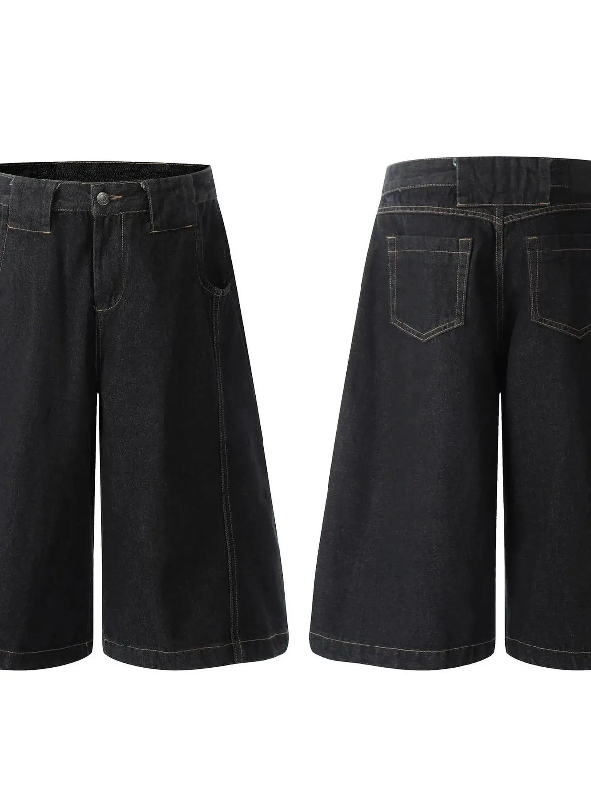 Men's wide-leg denim shorts in black cotton blend, relaxed fit; front and back views, Trendsi.