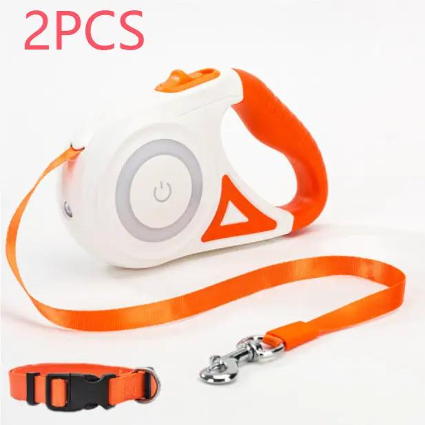 Retractable dog leash and collar set, white housing with orange strap, 2pcs