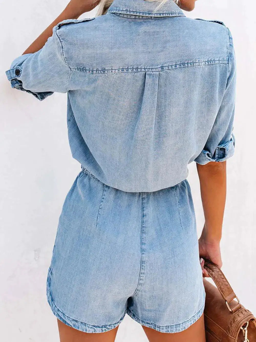 Denim romper with half sleeves and drawstring waist, back view in light-wash denim by Trendsi
