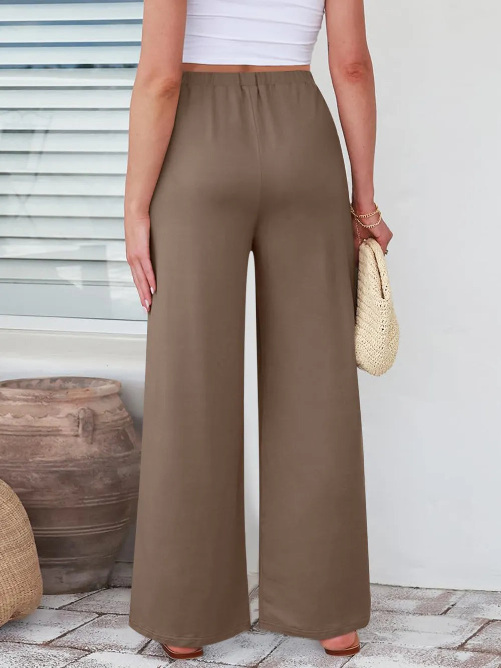 Elastic Waist Wide-Leg Palazzo Pants in taupe color, wide-leg palazzo silhouette