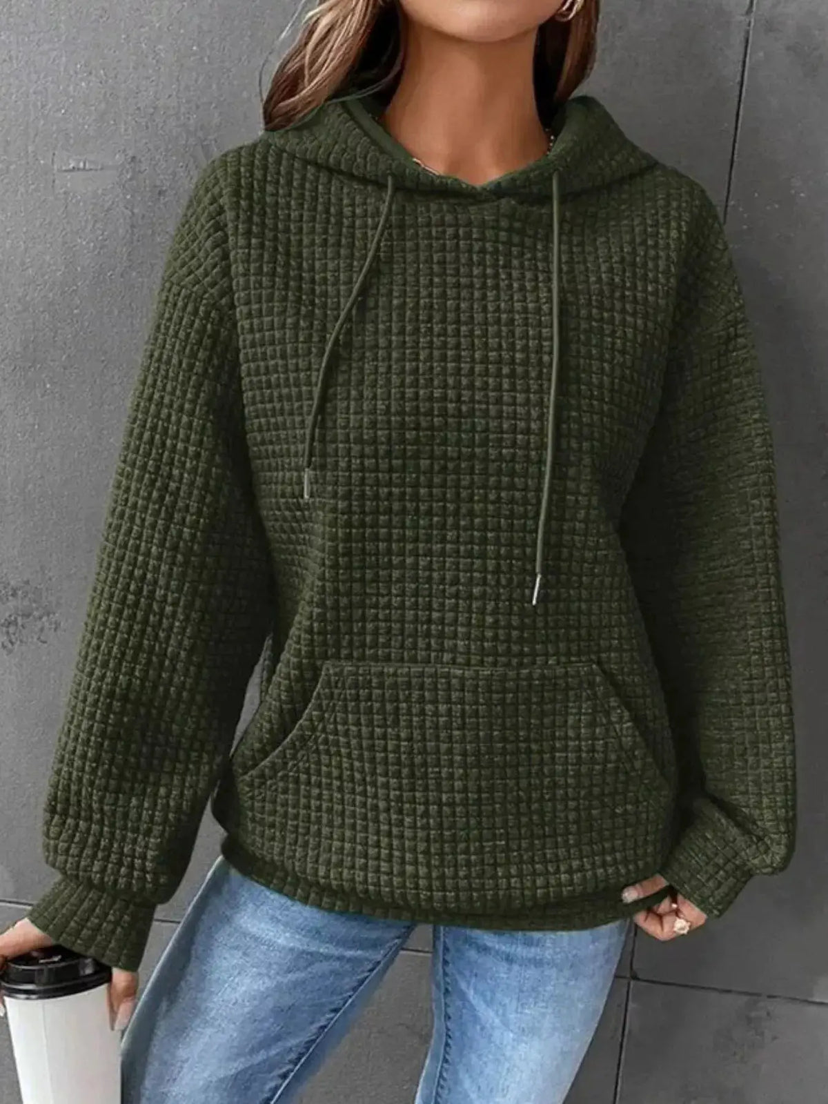 Full Size Textured Kangaroo Pocket Hoodie Plus Size in olive green, quilted fabric with drawstrings