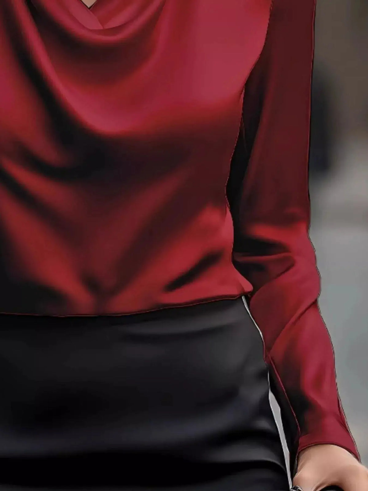 Full-size satin cowl-neck long-sleeve blouse, plus size, red