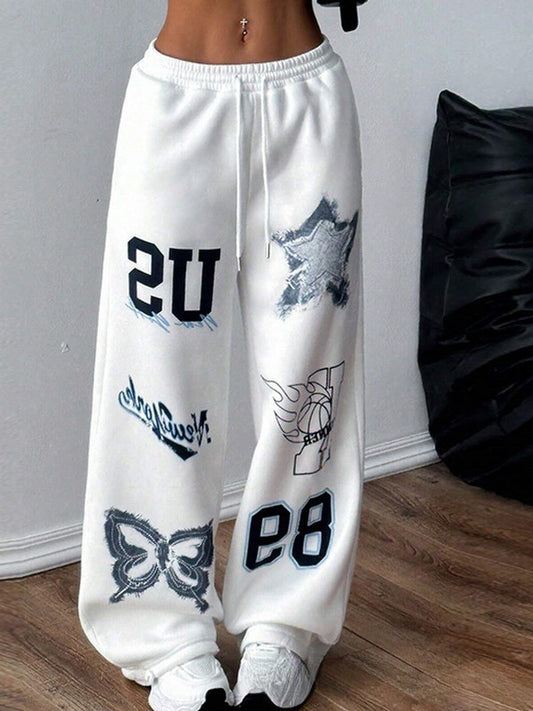 Pantalones deportivos casuales rectos con cordón y estampado para mujer