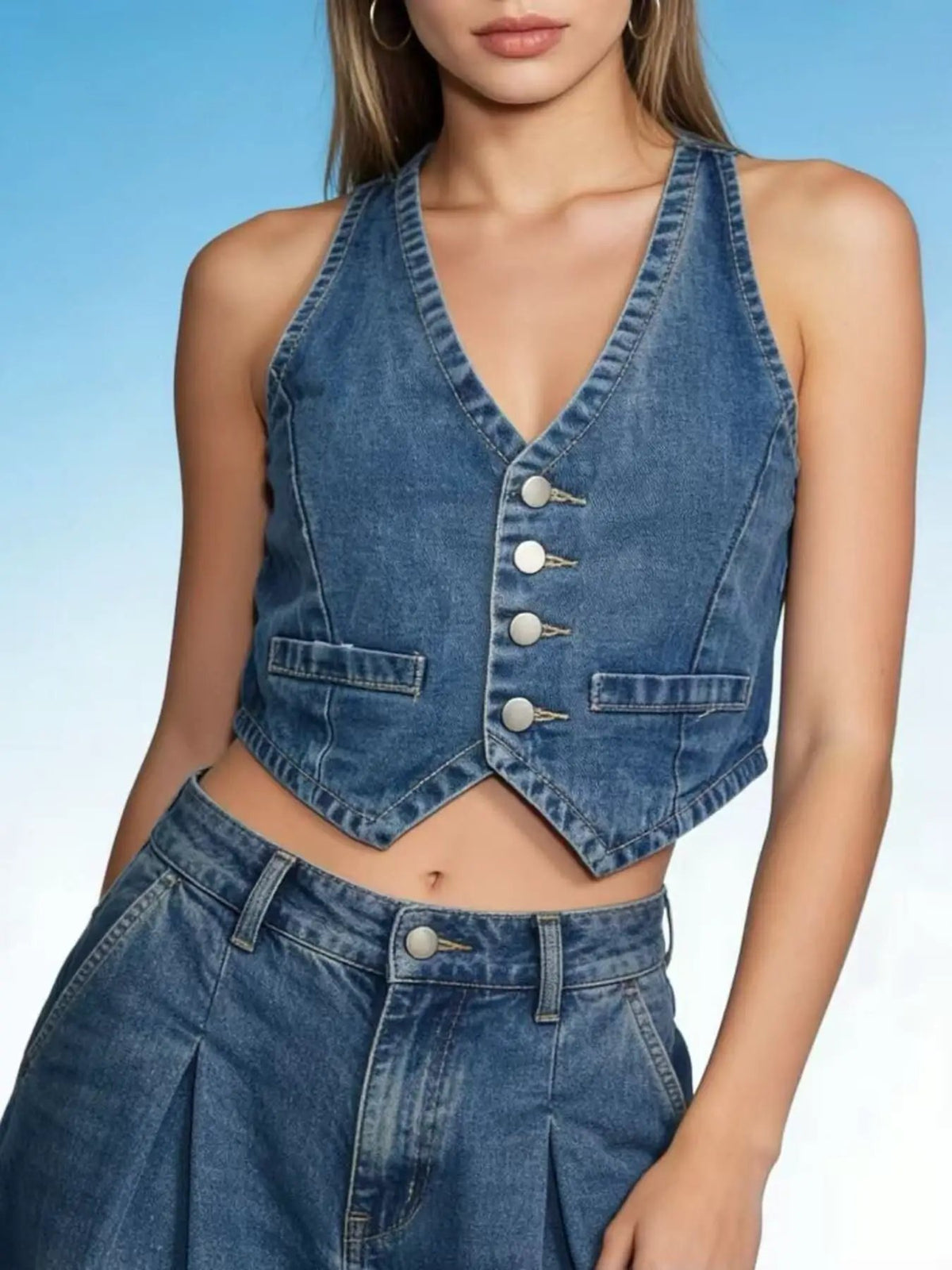 Trendsi Classic Button Down Denim Vest, blue cotton-blend denim with cropped hem and front pockets