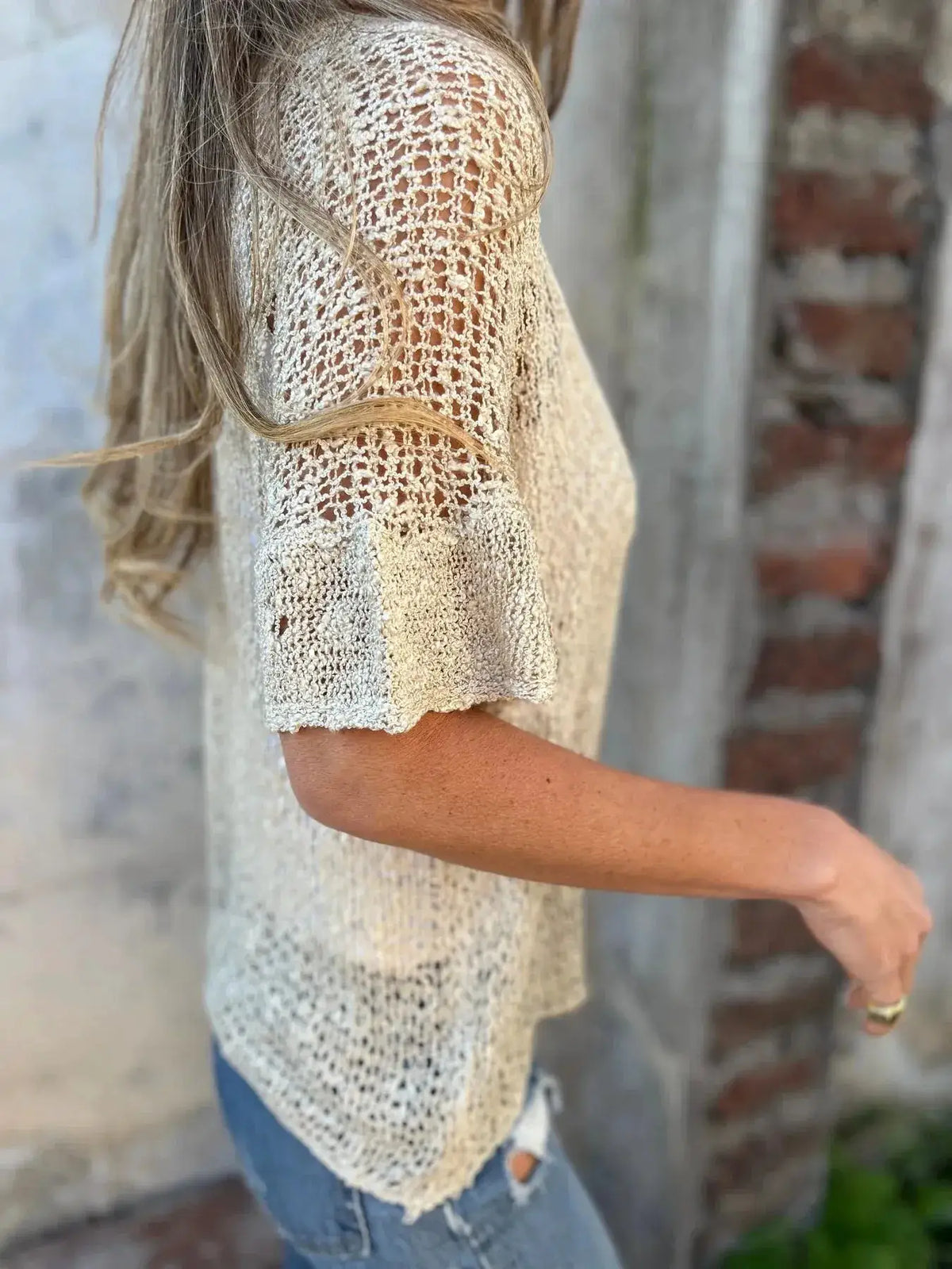 Plus Size One Button Openwork Cardigan in cream crochet knit, short sleeves