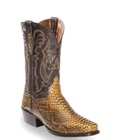 Cavanaugh Men Quilted Pointed Toe Boots With Embroidery; dark brown embroidered shaft, tan snakeskin foot, AdTec.