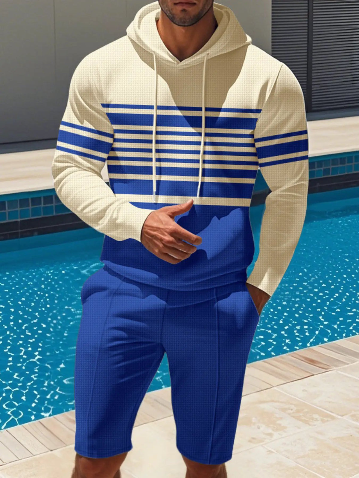 Men's striped hoodie and shorts loungewear set in cream and blue, plus-size by Trendsi