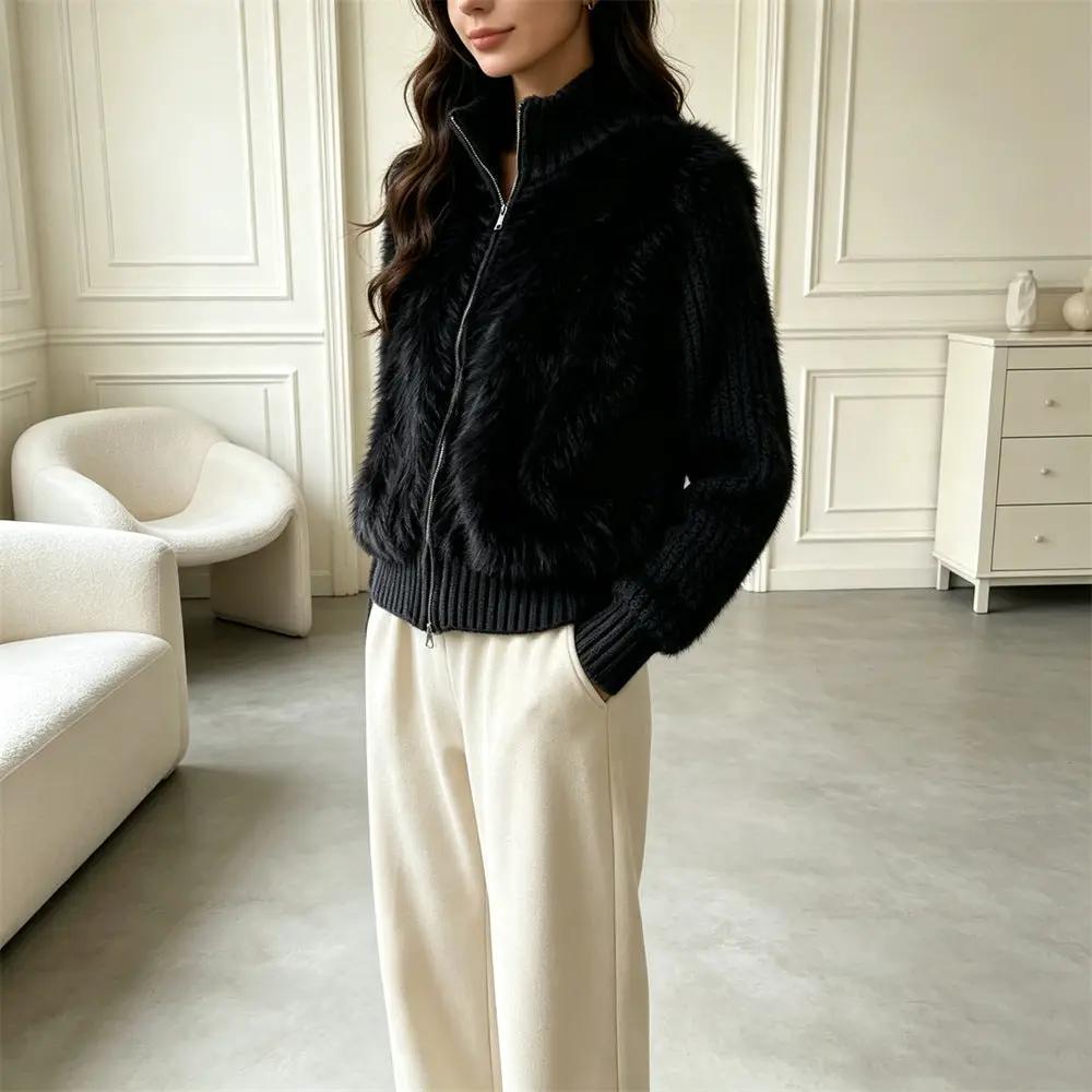 Double Zipper Stand Collar Cardigan by eprolo, black long-sleeve with breezy silhouette