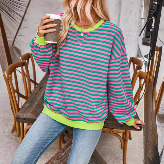 Camiseta de manga larga holgada a rayas, suéter informal para ropa de mujer