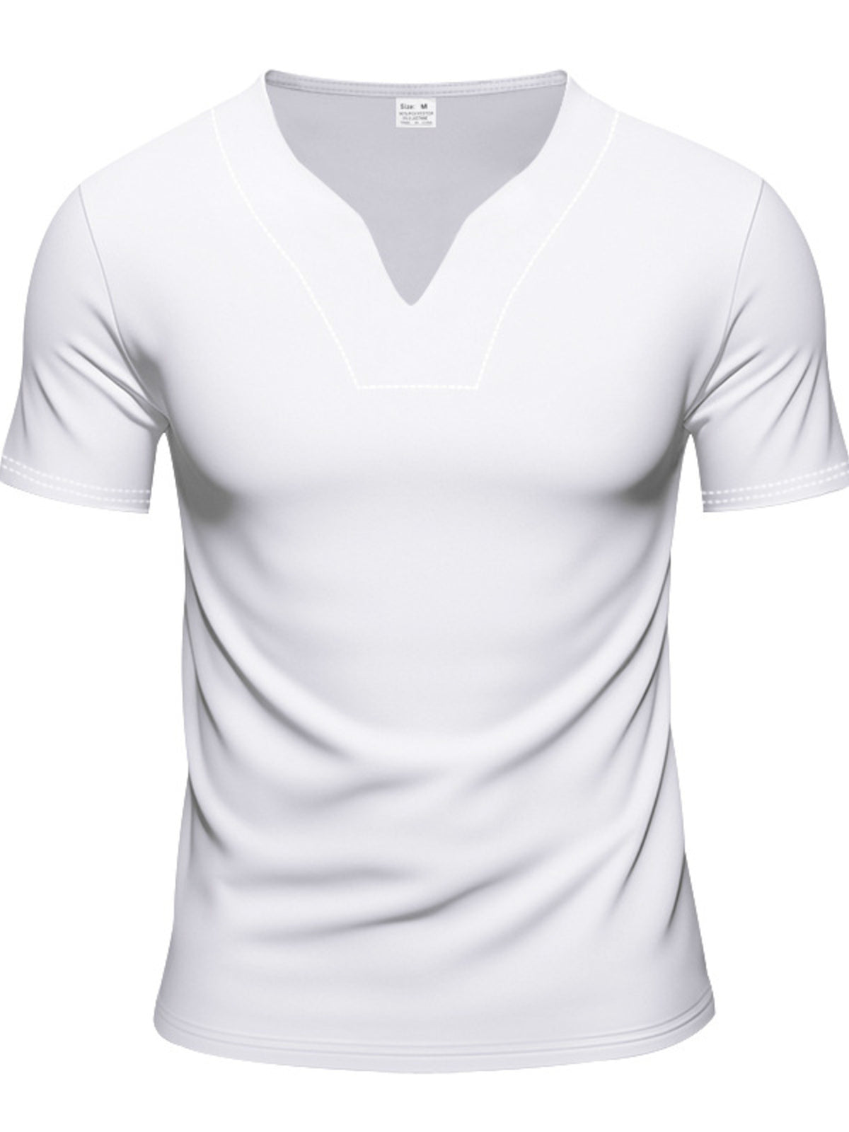 Men's white V-neck short-sleeve T-shirt with stitched neckline, plus-size