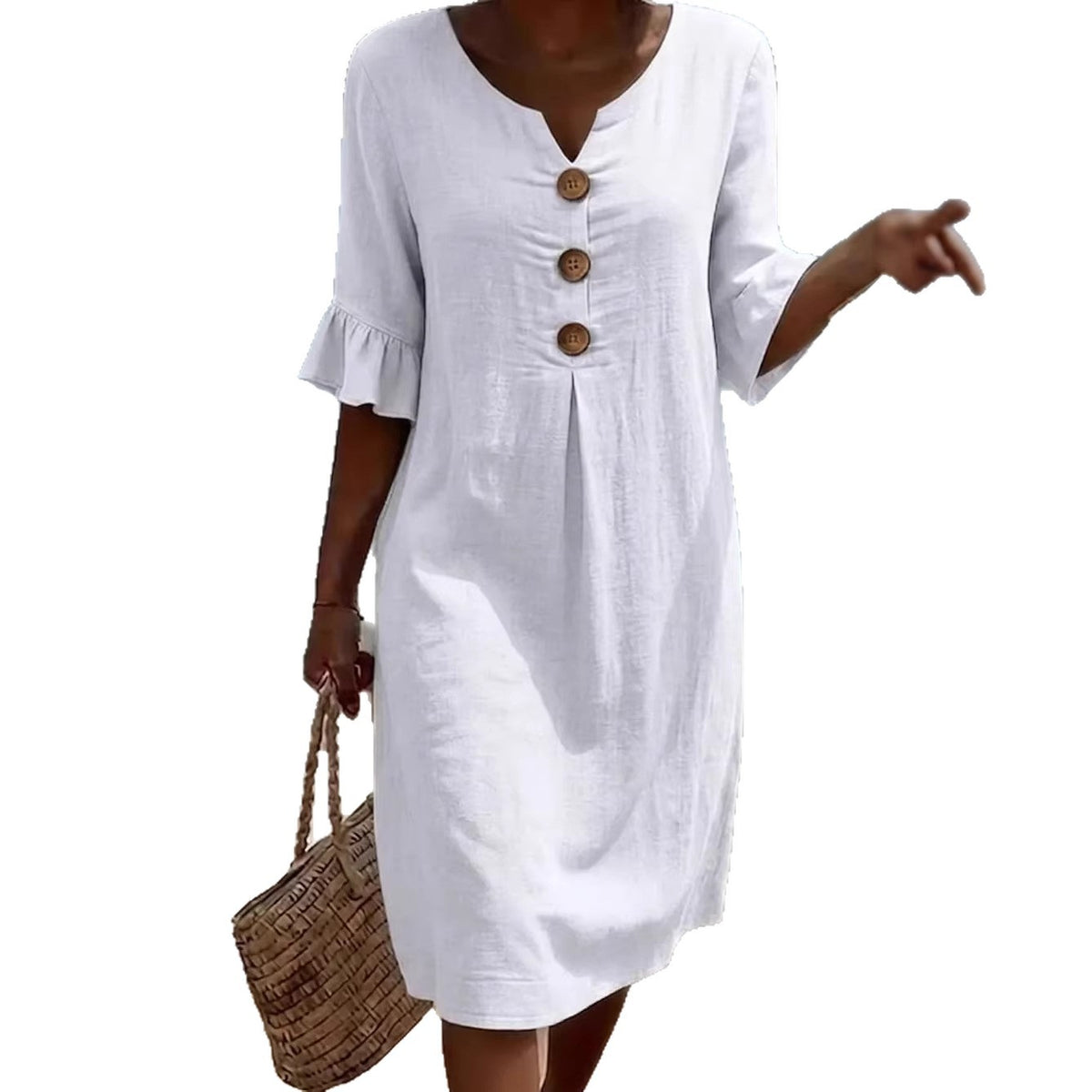 Summer women's white cotton dress by AdTec with button-front and ruffle-cuff sleeves