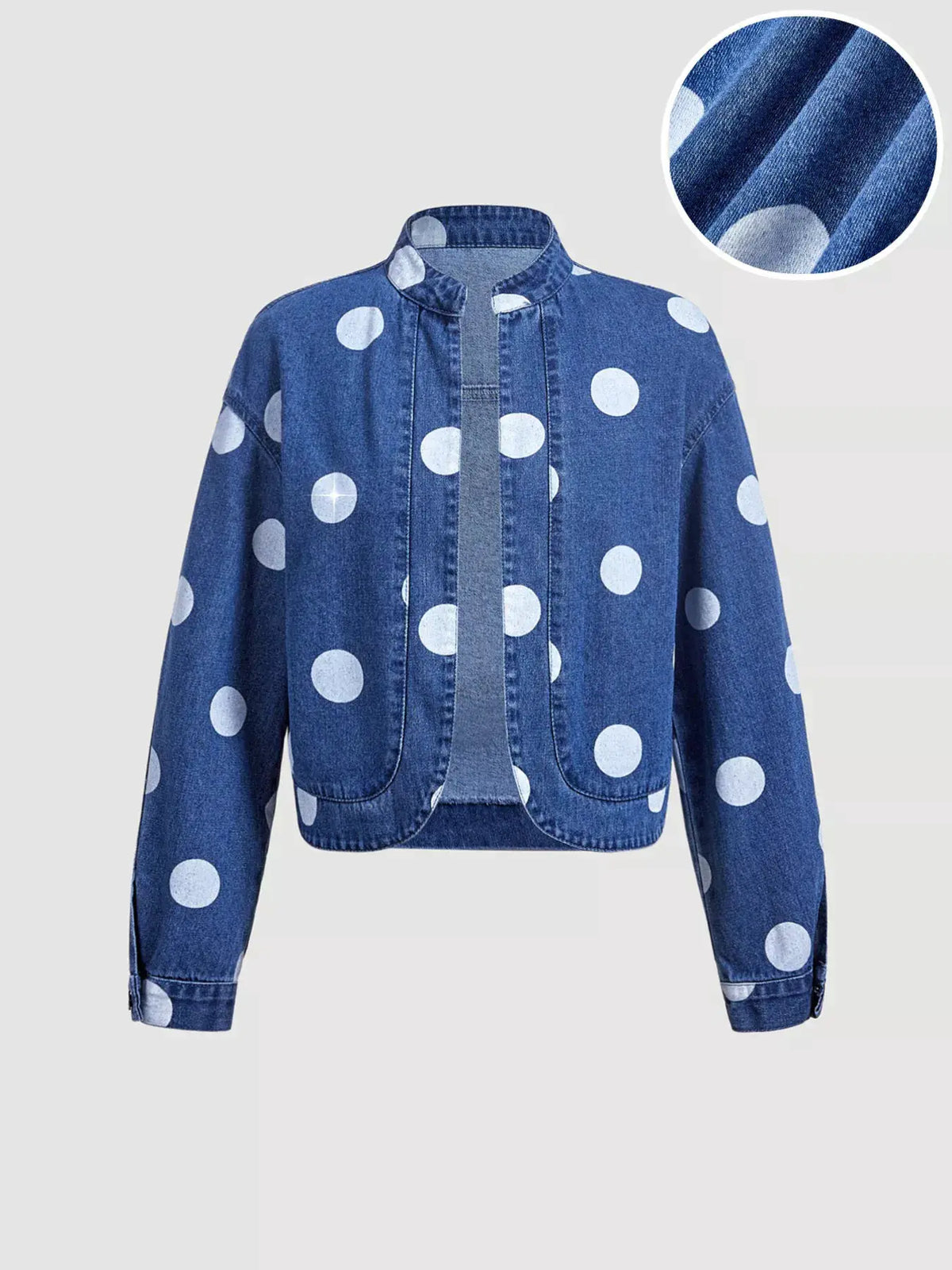 Womens cropped blue denim jacket with white polka dots, open-front design