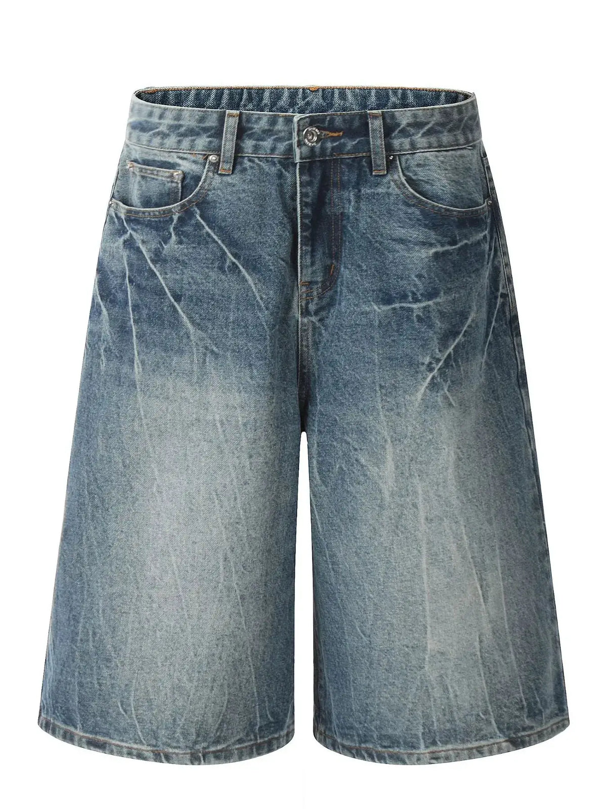 Mens washed wide-leg denim shorts with front zipper pockets by Trendsi in blue denim