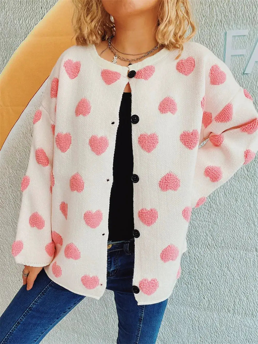 Cozy Heart Button Front Long Sleeve Stretch Knit Cardigan in white with pink heart pattern