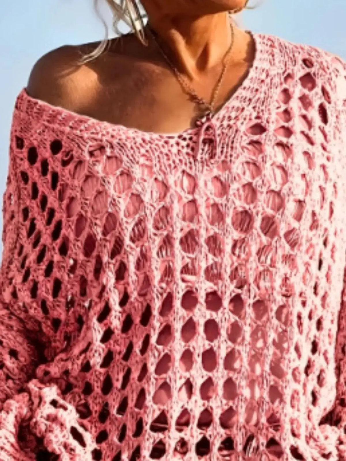 Trendsi pink crochet long-sleeve cover-up cardigan, oversized beachwear