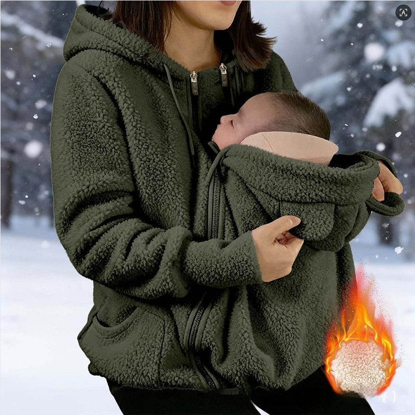 Corduroy hooded sweatshirt in olive green with a zip-front and fleece texture; nursing hoodie.