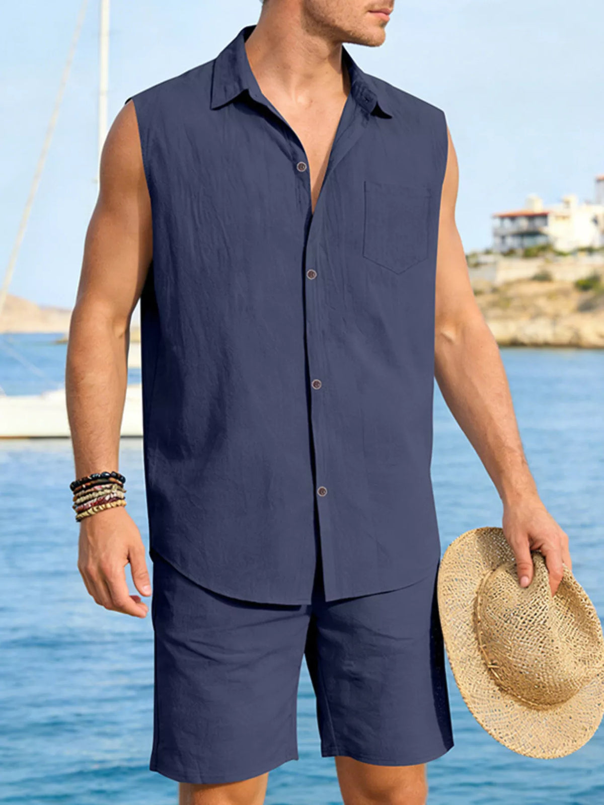 Men's sleeveless button-up top and shorts 2-piece navy set, plus size; Trendsi with chest pocket