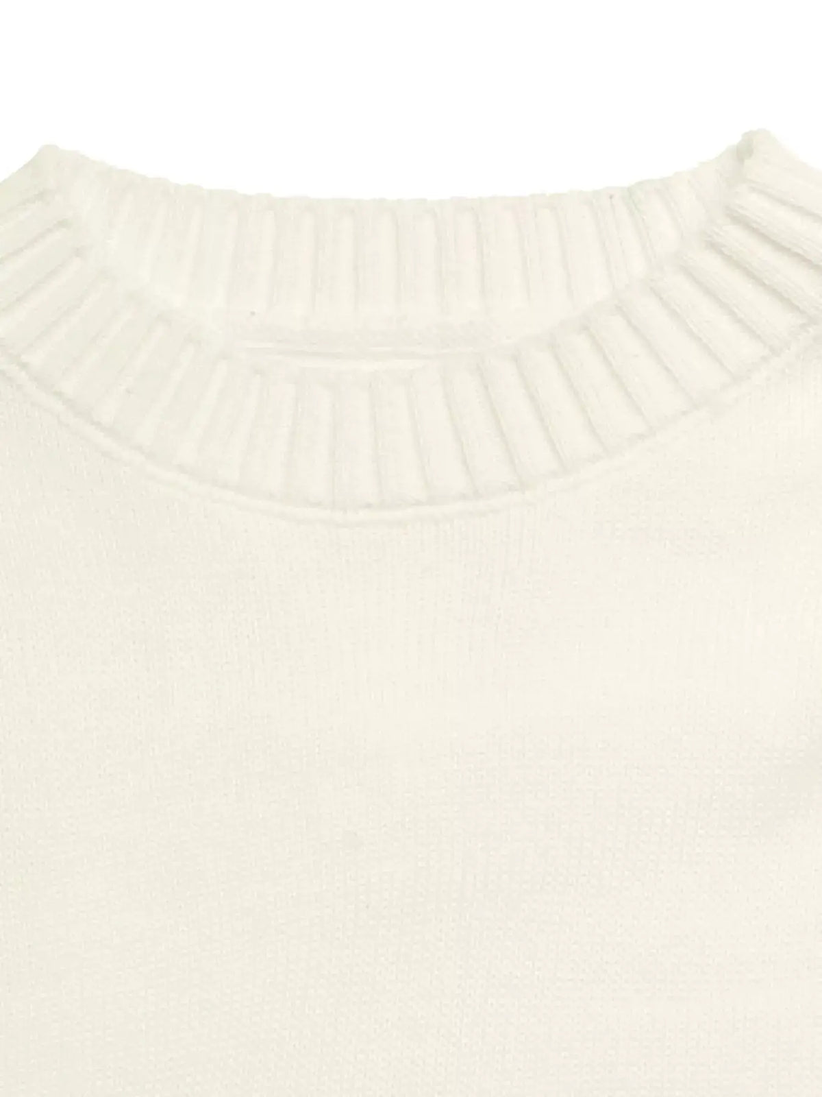 Acrylic sweater neckline close-up in white; ribbed round collar and soft stretch knit