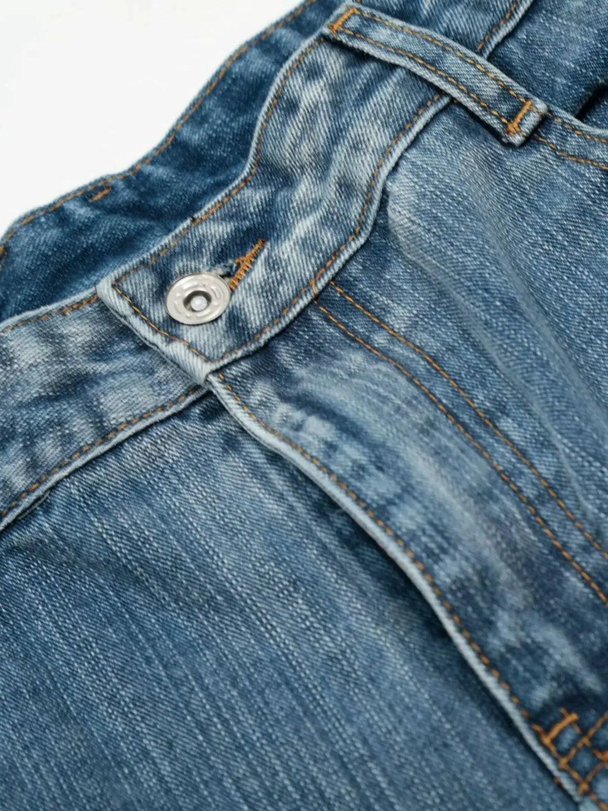 Men's denim shorts in blue jean fabric with metal button and orange contrast stitching