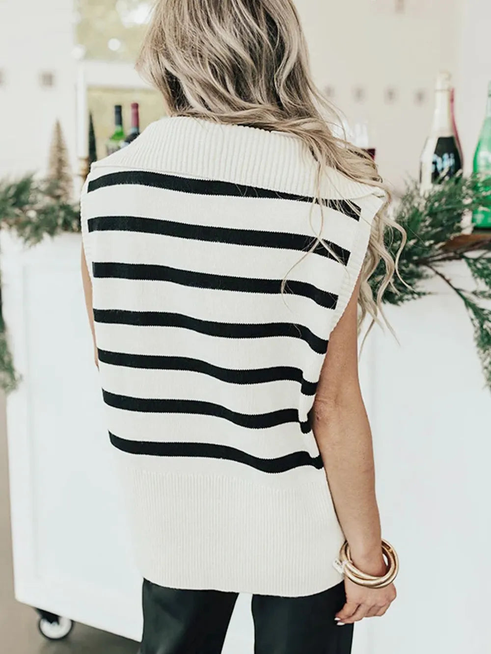 Perfee striped half-zip sweater vest, lightweight acrylic knit, white with black horizontal stripes
