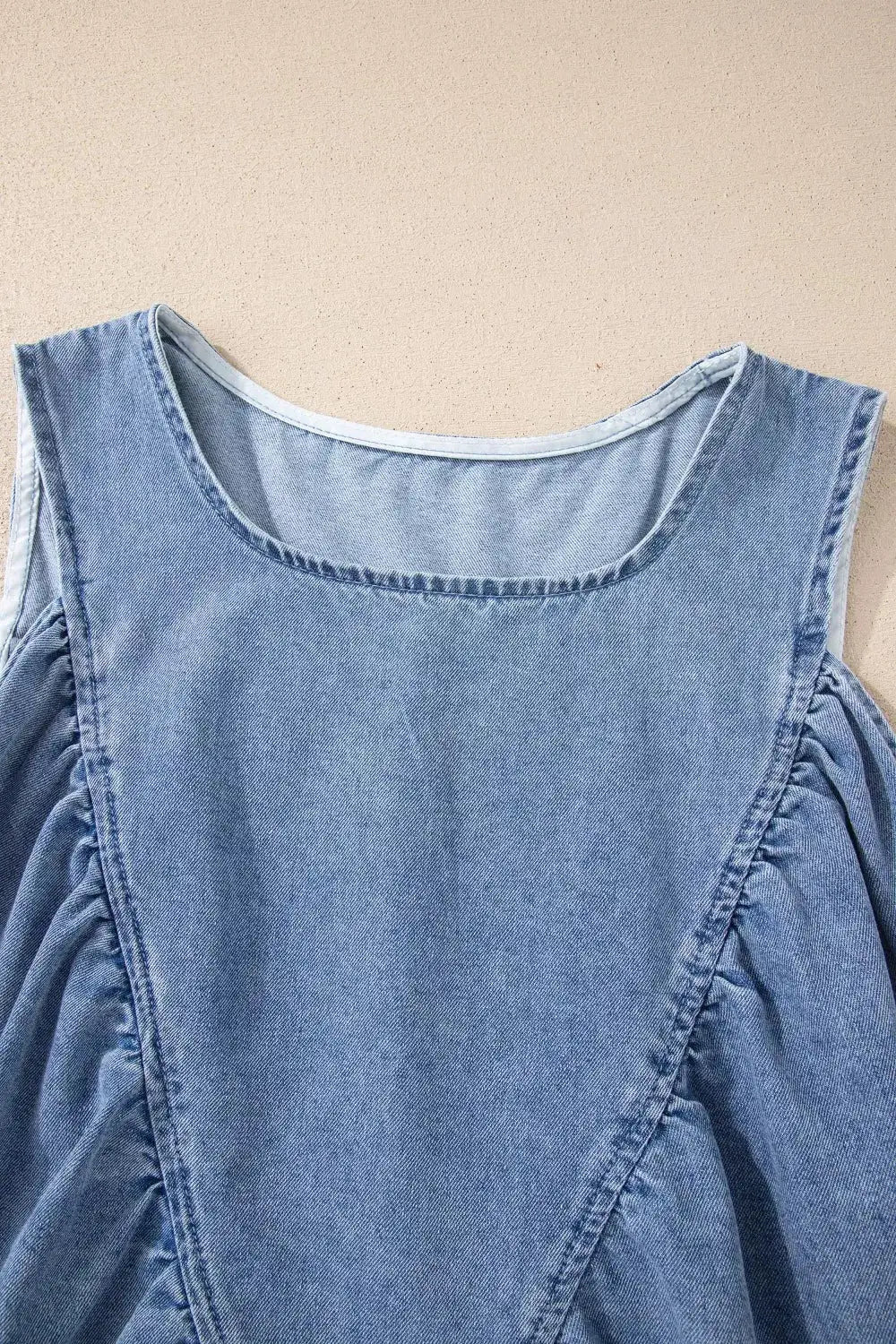 Women's denim pleated patchwork ruffle sleeveless top, light blue by Trendsi