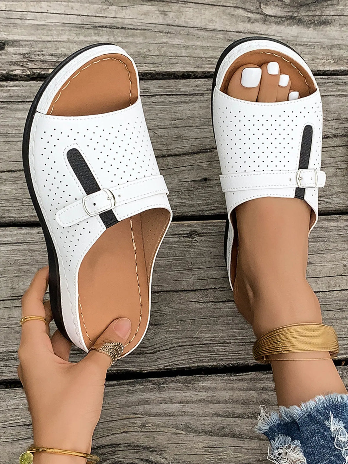 Casual Comfort Buckle Strap Sandals by Trendsi, white perforated open-toe sandals, pair shown.