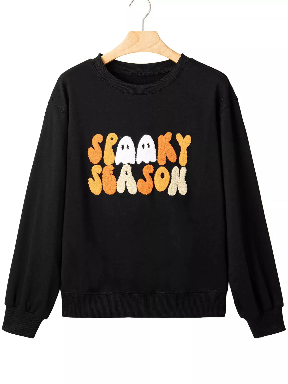 Embroidered Spooky Season long-sleeve round-neck black sweatshirt from Trendsi with fuzzy orange and white lettering.