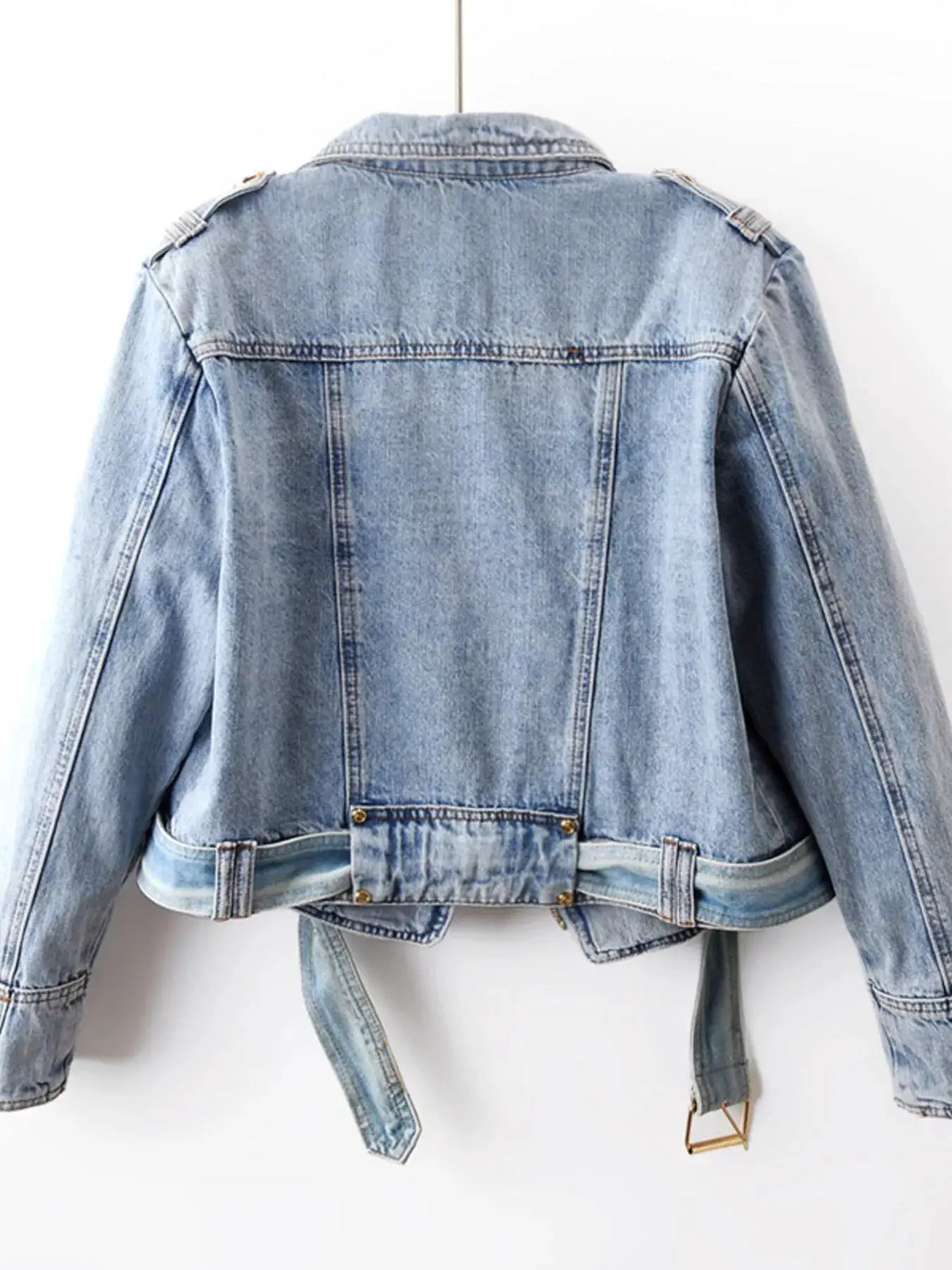 Asymmetrical Zip Front Belted Denim Jacket by Trendsi; light blue denim, casual modern style