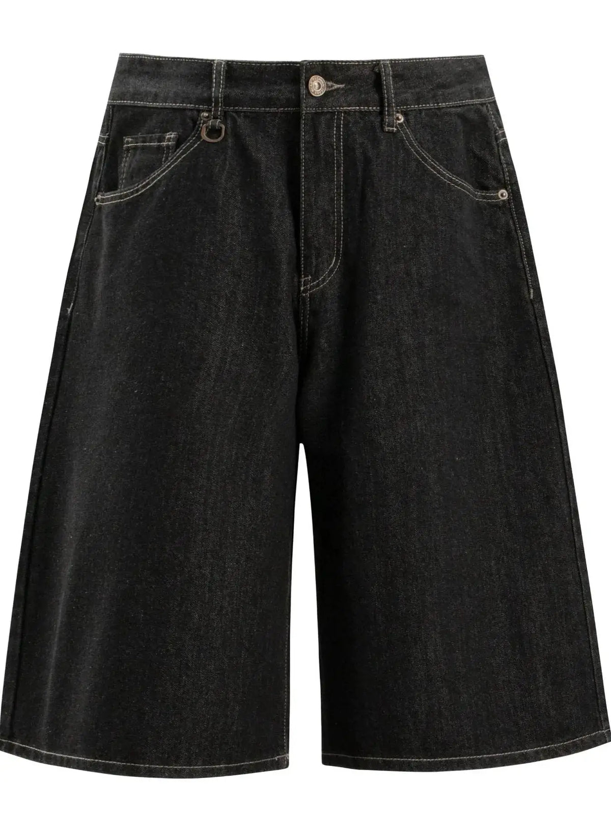 Men's wide-leg denim shorts with pockets, black wash, cotton-stretch, casual loose fit