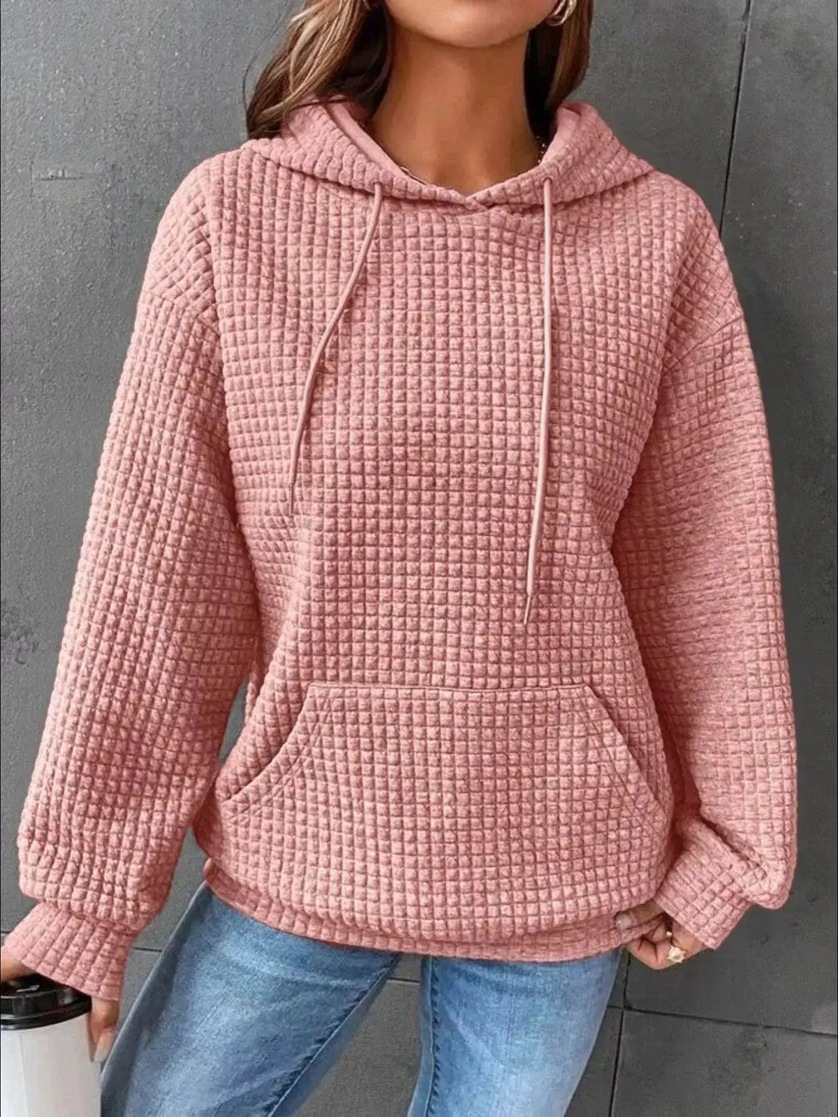 Full Size Textured Kangaroo Pocket Hoodie Plus Size by Trendsi in dusty pink