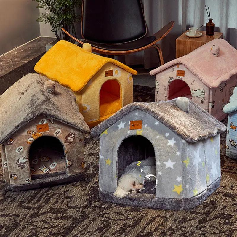 AdTec foldable pet houses; 5 cozy enclosed dens in gray star-pattern, beige, pink and yellow.